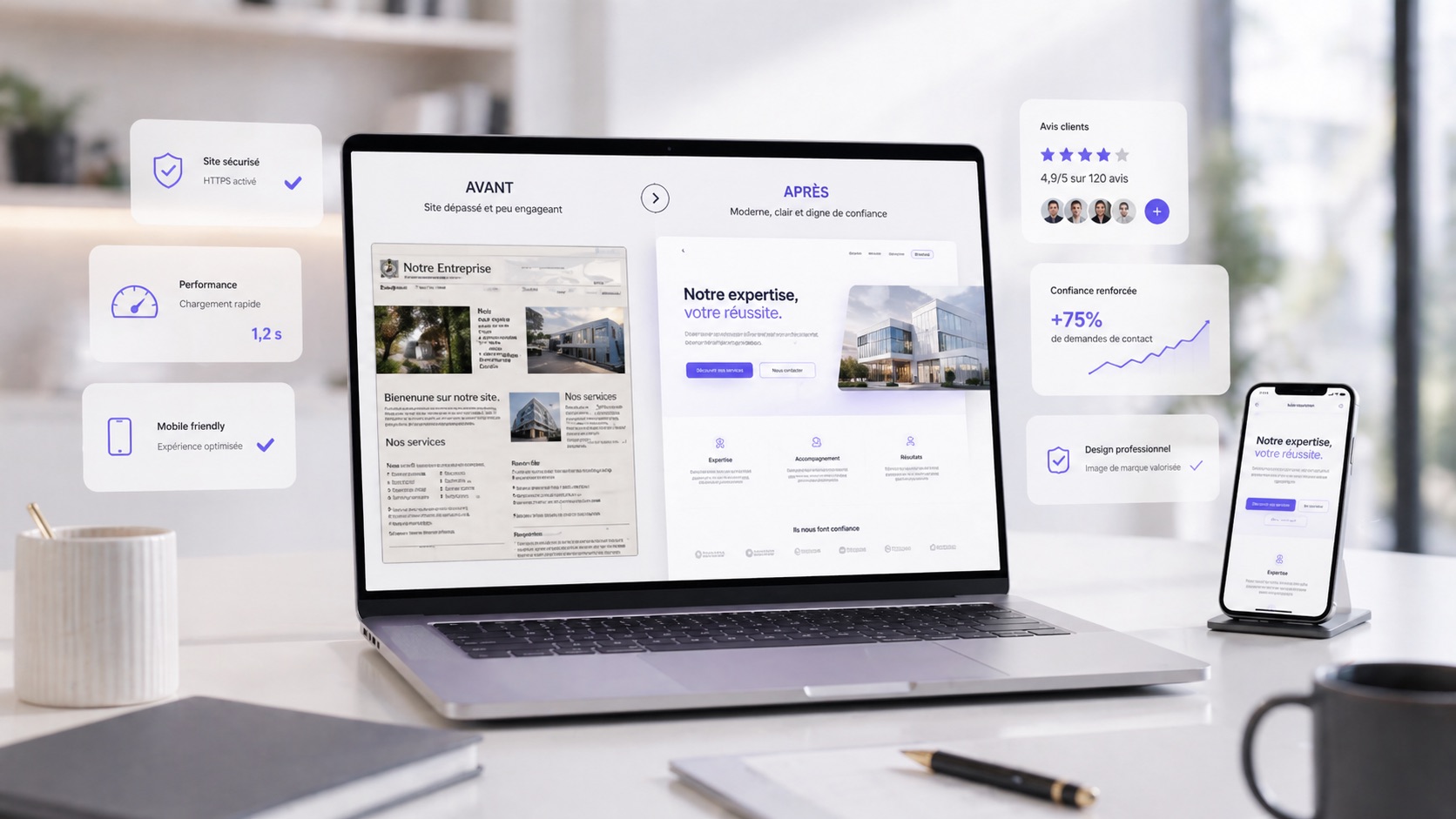 Interface de site moderne présentée dans un environnement professionnel et lumineux.