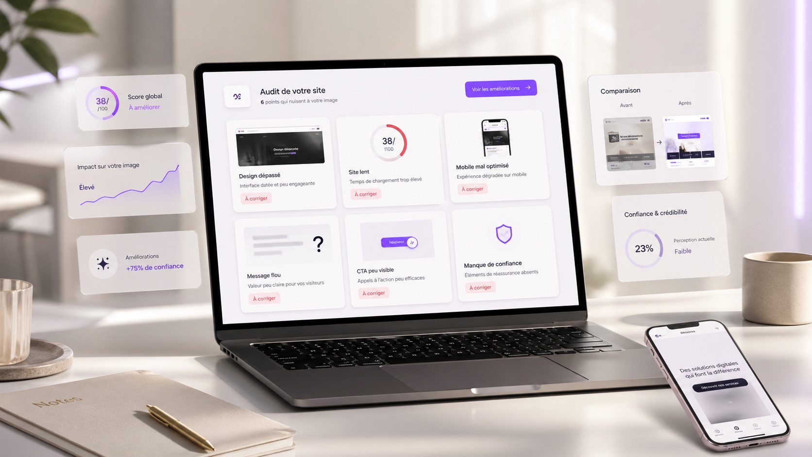 Audit visuel d'un site internet avec éléments de design, performance et expérience mobile.