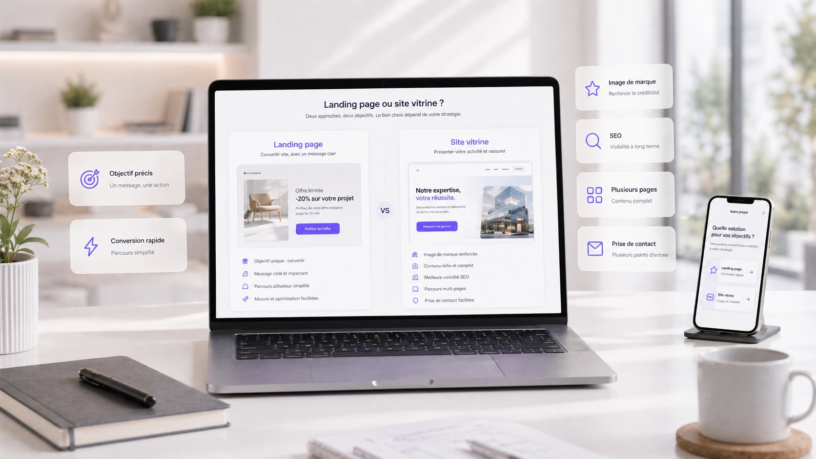 Interface de landing page moderne avec sections de conversion et appels à l'action.