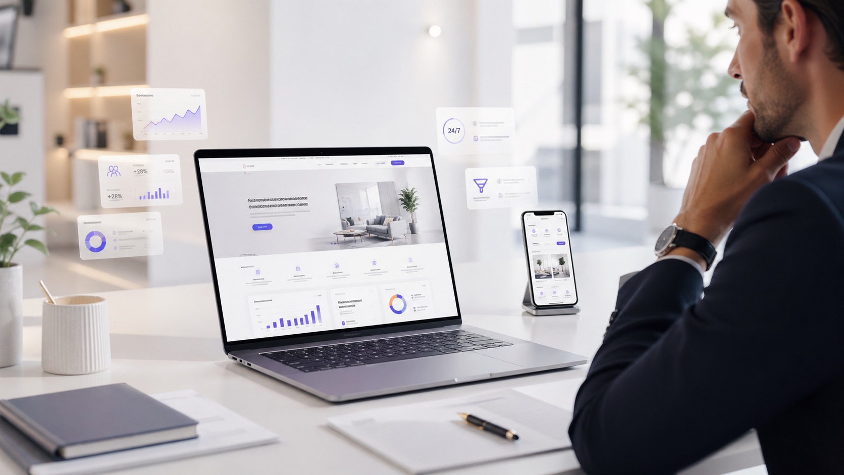 Ordinateur affichant un site professionnel moderne avec des indicateurs de performance.