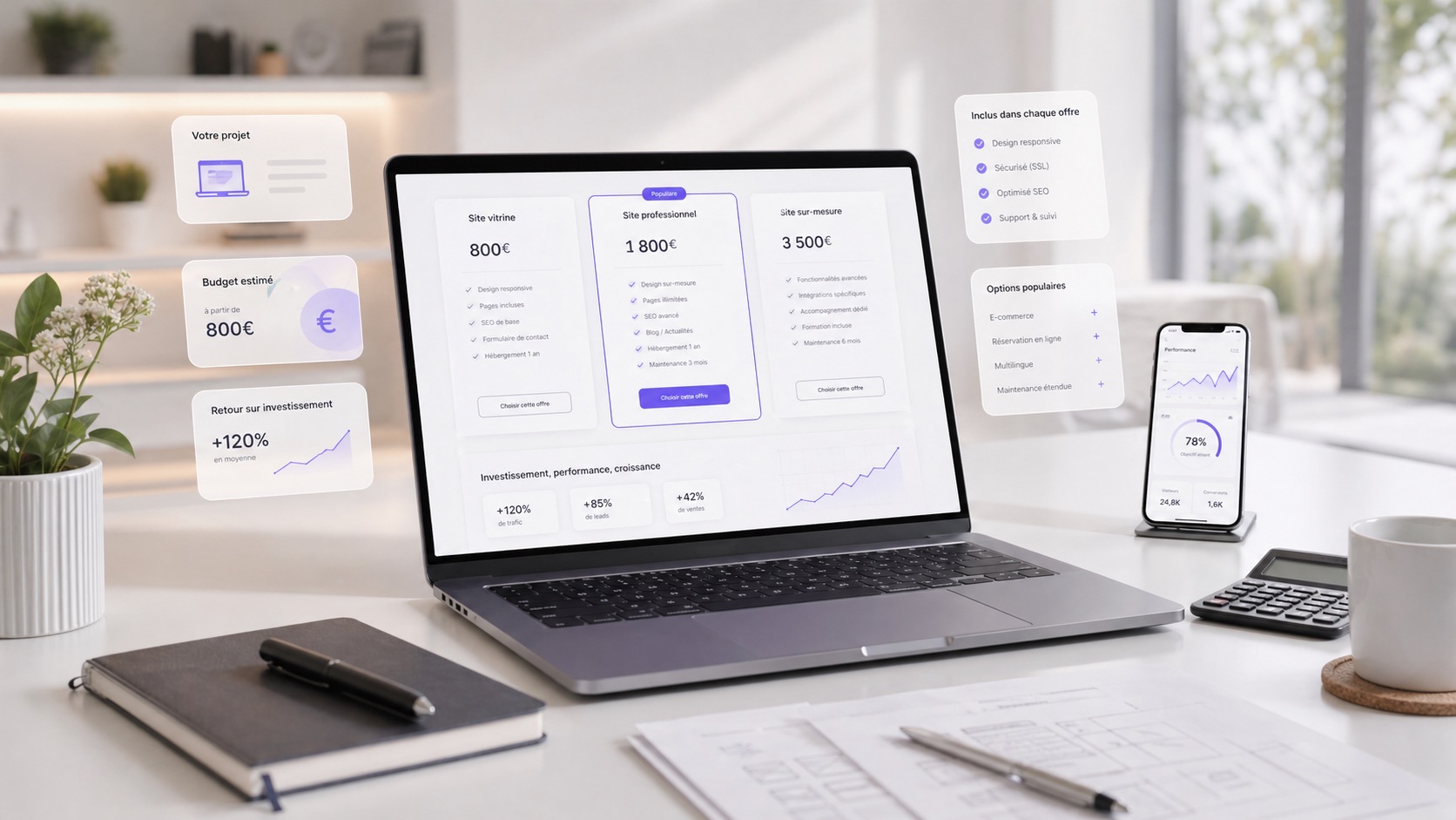 Espace de travail moderne avec un ordinateur affichant des indicateurs de budget et de performance web.